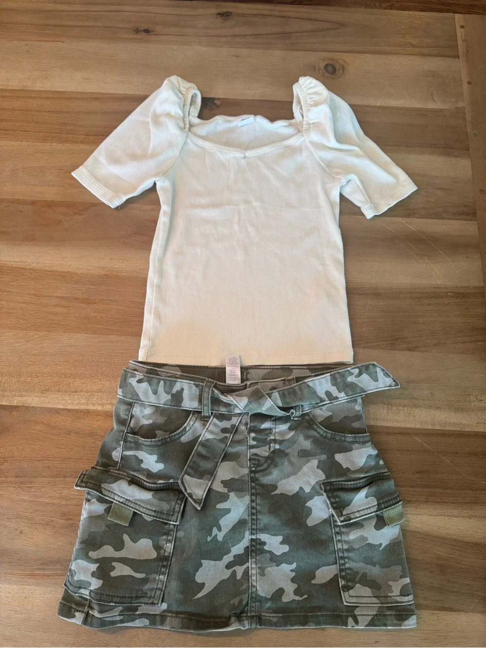 Kids Cream Ribbed Square-Neck Top and Camo Skirt Set